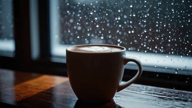 A cup of coffee sits on a table with a view outside through the window