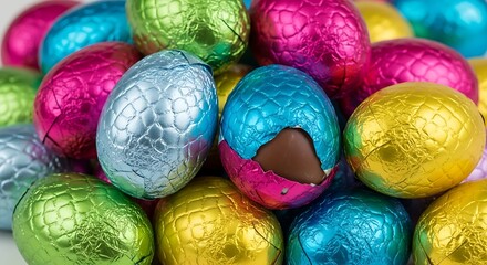 Colorful Foil-Wrapped Chocolate Easter Eggs Pile.