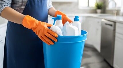 Cleaning Supplies in Blue Bucket with Gloves in Modern Kitchen