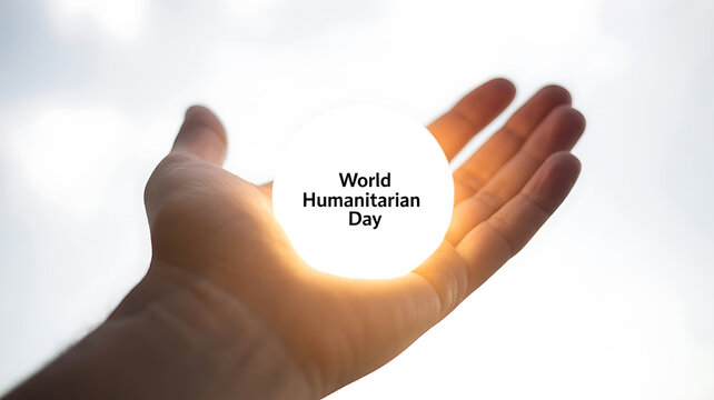 A hand holding a glowing sun with the text 'World Humanitarian Day' displayed in the center.