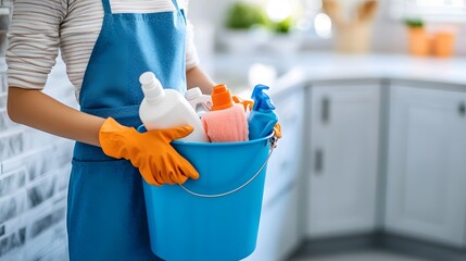 Person with Cleaning Supplies in Blue Bucket Preparing for Chores