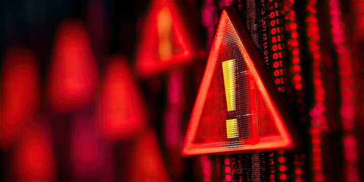 Red warning triangle, exclamation point, binary code background