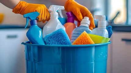 Cleaning Supplies in Blue Bucket with Hand in Orange Glove