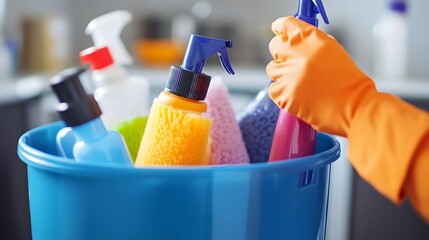 Cleaning Supplies in Blue Bucket with Colorful Bottles and Sponges