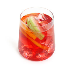 Tasty punch with ice and slices of fruits in glass isolated on white. Refreshing drink