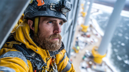 Maintenance worker in yellow jacket and helmet, focused on offshore wind turbine repair, surrounded by snow and icy conditions