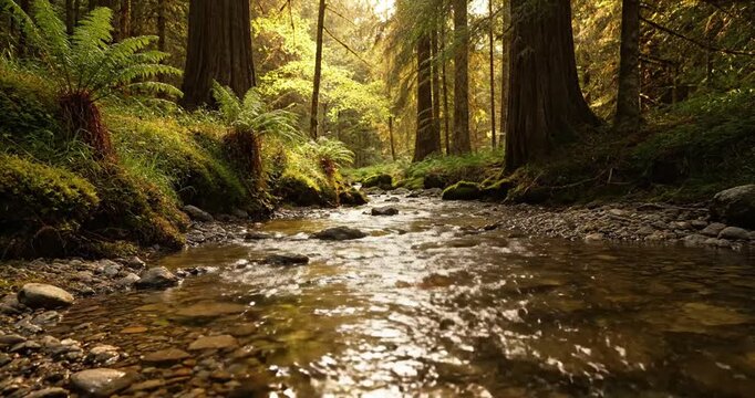 Dynamic perspective showcasing the delicate dance of sunlight filtering through dense foliage, creating mesmerizing dappled patterns on the stream's surface. no data