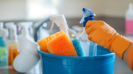 Cleaning Supplies in Action with Bright Sponges and Gloves
