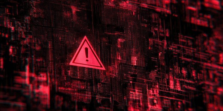 Red warning triangle on a dark, digital grid