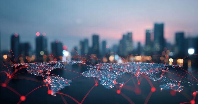 Global network of connections over a city skyline