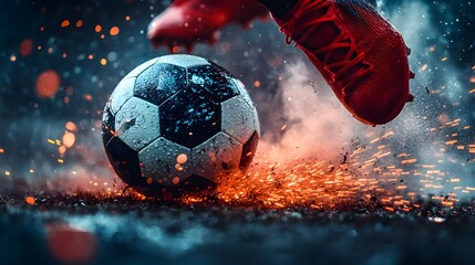 Dynamic Action Shot of Soccer Player Kicking a Ball with Sparks