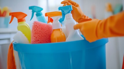 Bright Cleaning Supplies in a Blue Bucket with Protective Gloves