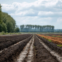 A Serene Agricultural Landscape with Tilled Rows and Lush Trees Under a Cloudy Sky