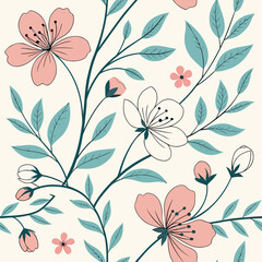 Floral pattern with pink and white flowers and green leaves on a light background seamless botanical design