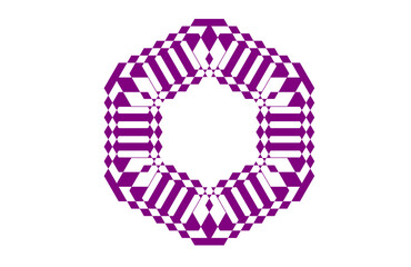 Abstract hexagonal mandala pattern with geometric symmetry and purple optical illusion shapes, modern sacred geometry design, decorative concentric ornamental artwork for meditation and art