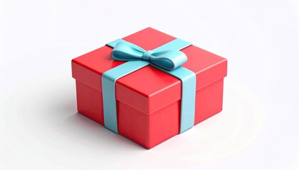 A digitally rendered, square, red gift box with a light-blue ribbon tied in a bow sits on a white background