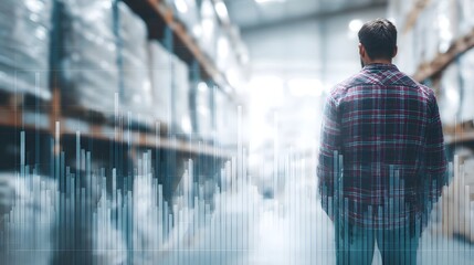 A man in a warehouse analyzes a financial chart representing logistics and business growth