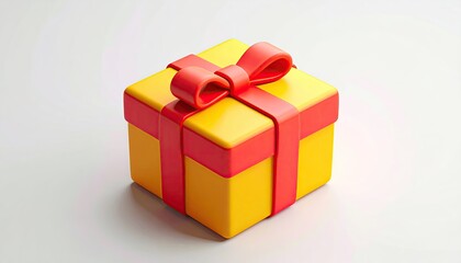 Fototapeta premium A digitally rendered, yellow, square gift box with a red ribbon and bow sits on a white background. The image is clean and simple, with a focus on the gift