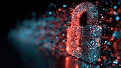 A digital padlock, composed of shimmering particles, rests against a dark background.  Blurred, colorful particles streak past, suggesting movement and activity