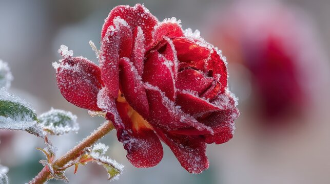 Close-up of a red rose with frost crystals on petals, 