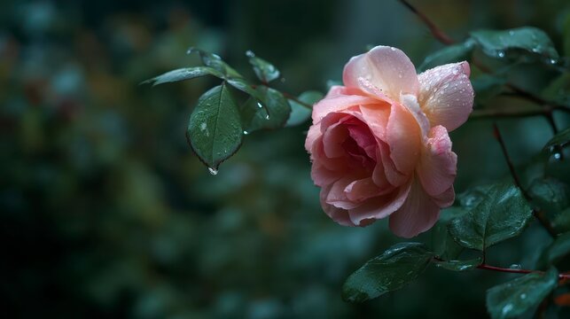 Close-up rose in stormy rain, cinematic dramatic lighting