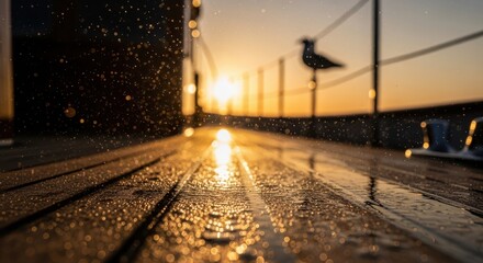 Golden Hour Sunrise Over Wet Wooden Deck with Seagull Silhouette