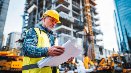 Civil engineer yellow hard hat and safety vest inspects construction plans building site, showcasing dedication and focus