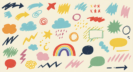 Colorful Hand-Drawn Doodle Shapes Set on Beige Background
