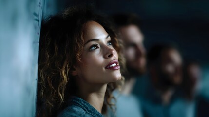 A woman with curly hair gazes upwards in deep thought illuminated by soft light against a dark background