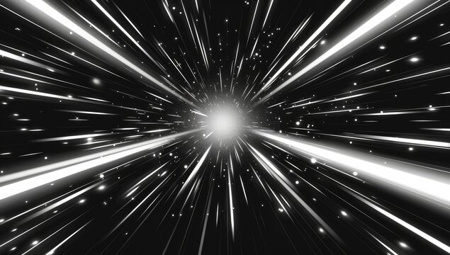 A grayscale abstract depiction of hyper-speed, featuring bright streaks radiating from a central point against a dark background, suggesting movement and dynamism