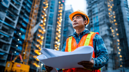 Civil engineer inspects construction plans at building site, showcasing focus and determination amidst bustling environment