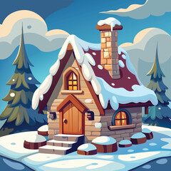 Charming Winter Cottage Scene with Snow Covered Roof and Evergreen Trees