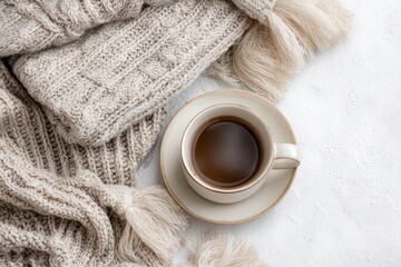 Cozy autumnal scene with coffee and a knitted blanket