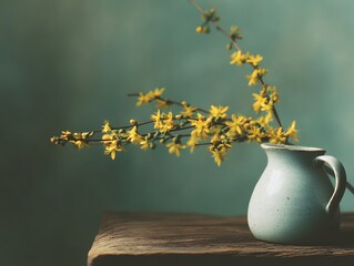 Yellow Flowers in Blue Vase on Rustic Wooden Table Background