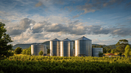 Silver silos standing among lush green vineyard rows under a cloudy sky during golden hour, bright colors reflecting nature's beauty in agricultural landscape.