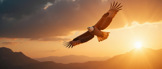 Naklejka premium Majestic eagle soaring through sky at sunset, showcasing its powerful wings against vibrant backdrop of mountains and clouds