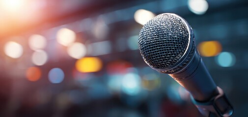 The microphone stands ready for an electrifying performance in a vibrant atmosphere.