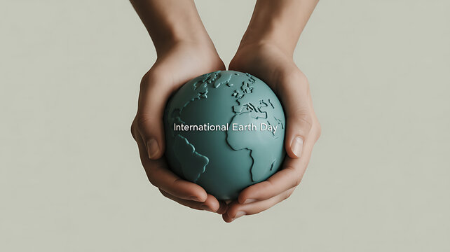 Hands holding a clay model of Earth with 'International Earth Day' text