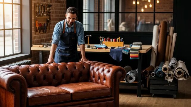 Craftsperson standing by leather chesterfield sofa. Male upholsterer working in workshop. Furniture restoration and craftsmanship footage.