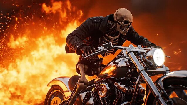 Fiery skeleton biker riding through intense flames