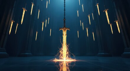 Golden Swords Suspended Above Sparking Light in Grand Hall