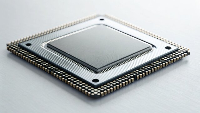 A sleek microprocessor with a metallic finish, showcasing intricate pins and a smooth surface, designed for advanced computing tasks.