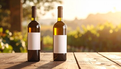 Fototapeta premium Pair of wine bottles with customizable blank labels resting on a rustic wooden table against a beautiful sunset vineyard backdrop