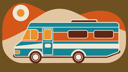 A vibrant and stylish illustration of a retro camper van against a 70s-style landscape. Perfect for travel, adventure, and summer vacation themes