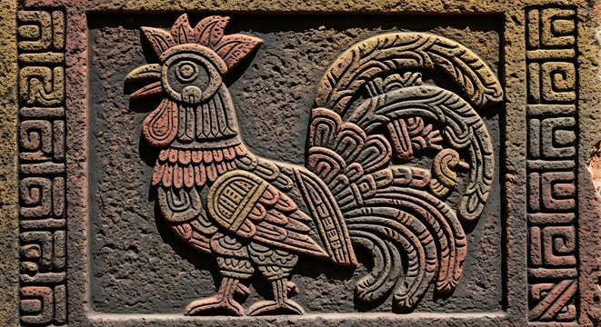 Ancient Mayan Rooster Stone Carving Relief.