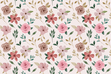 pink brown floral and leaves watercolor seamless pattern