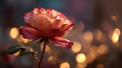 Fototapeta premium Macro shot of rose with glowing bokeh lights in background