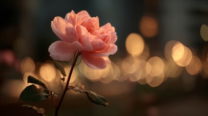 Obraz premium Macro shot of rose with glowing bokeh lights in background