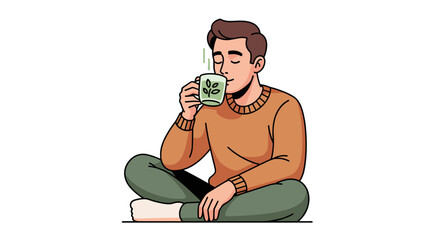 A young man sits peacefully, savoring a warm, healthy beverage from a stylish mug, embodying wellness, comfort, and mindful living.