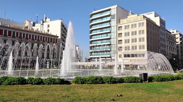 View of Omonoia square in downtown Athens, Greece. One of the city&rsquo;s oldest squares, it serves as a historic landmark and major shopping hub.